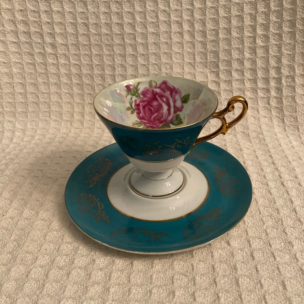 Vintage Royal Halsey Teal & White Pedestal Cup And Saucer With Gold Flowers&Trim